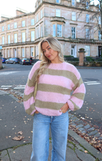 Pink & Khaki Forget Me Not Stripe Jumper