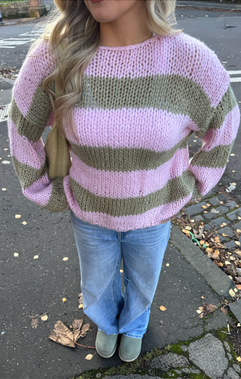 Pink & Khaki Forget Me Not Stripe Jumper