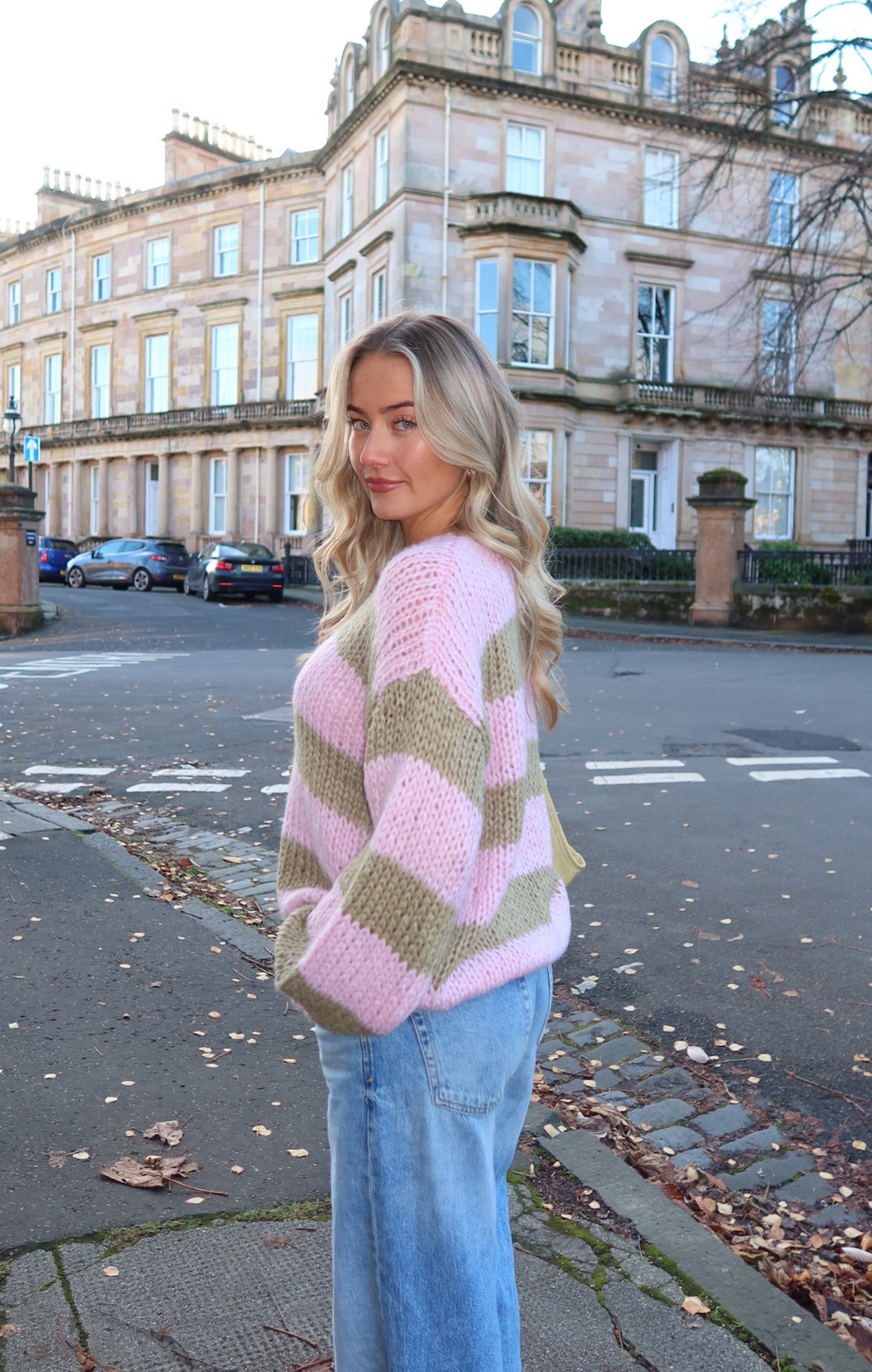 Pink & Khaki Forget Me Not Stripe Jumper