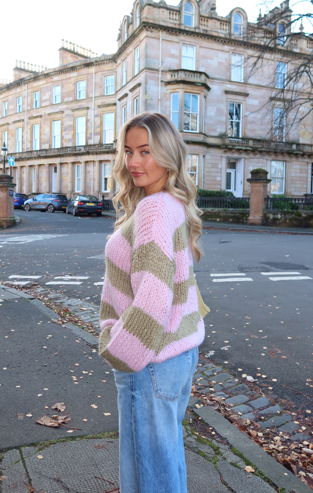 Pink & Khaki Forget Me Not Stripe Jumper